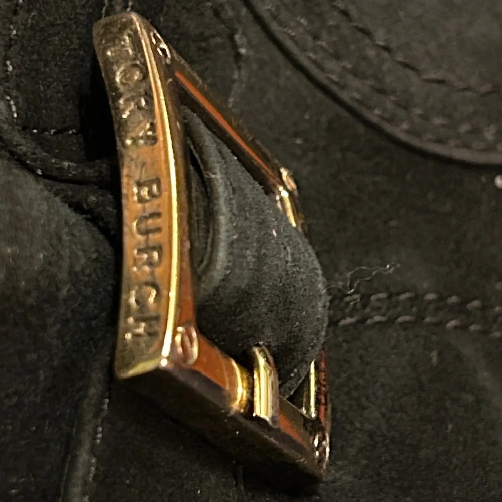 Tory Burch Deanna Black Suede Ankle Booties with Gold Buckle Sz 9 1/2